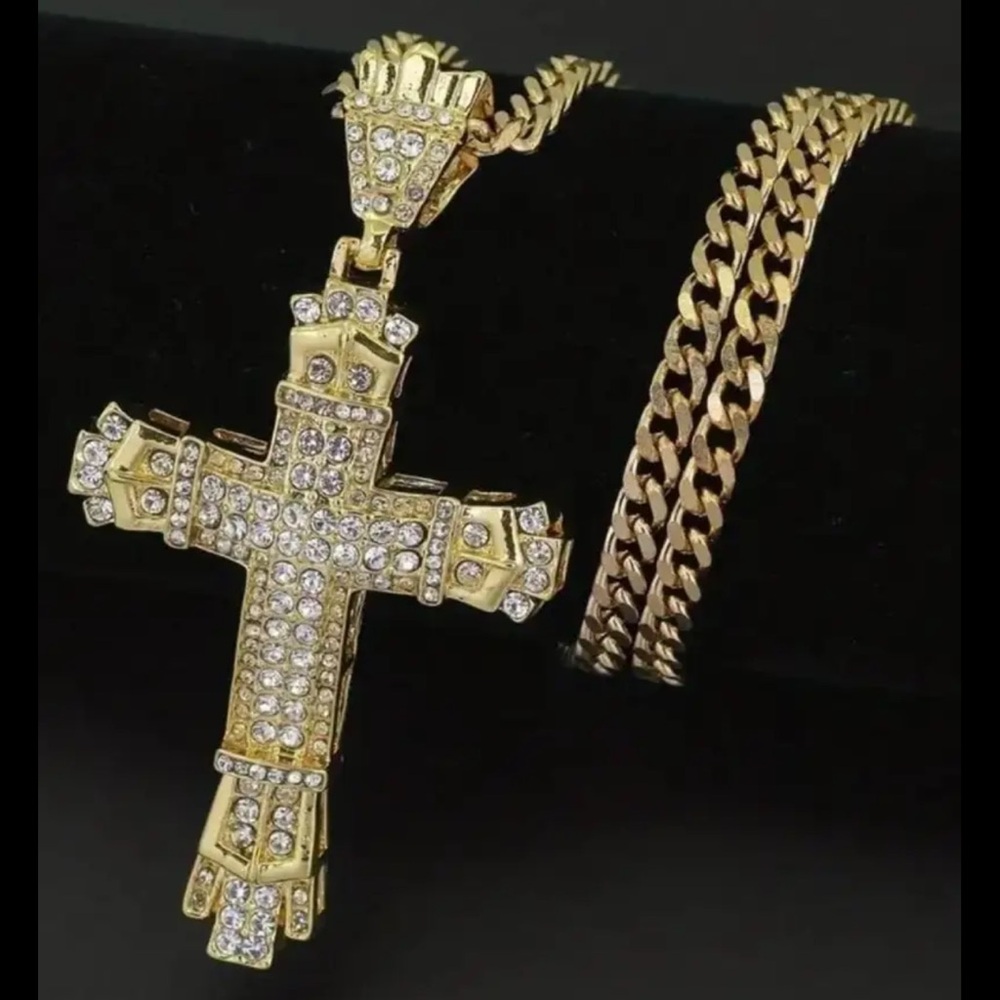 Hip-Hop, Bling, Simulated Diamond Cross Pendant Badass, Gothic Necklace